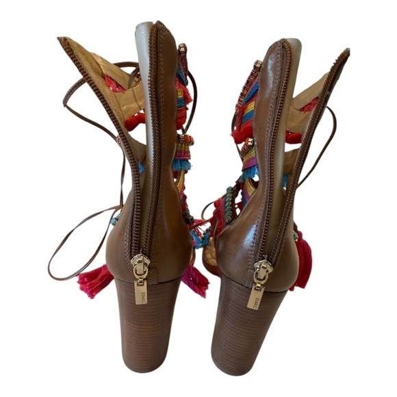 Schutz X Revolve CALLA Lace-Up Multi-Color Tassel Bamboo Brown Block Heel Size 8 - Picture 11 of 16